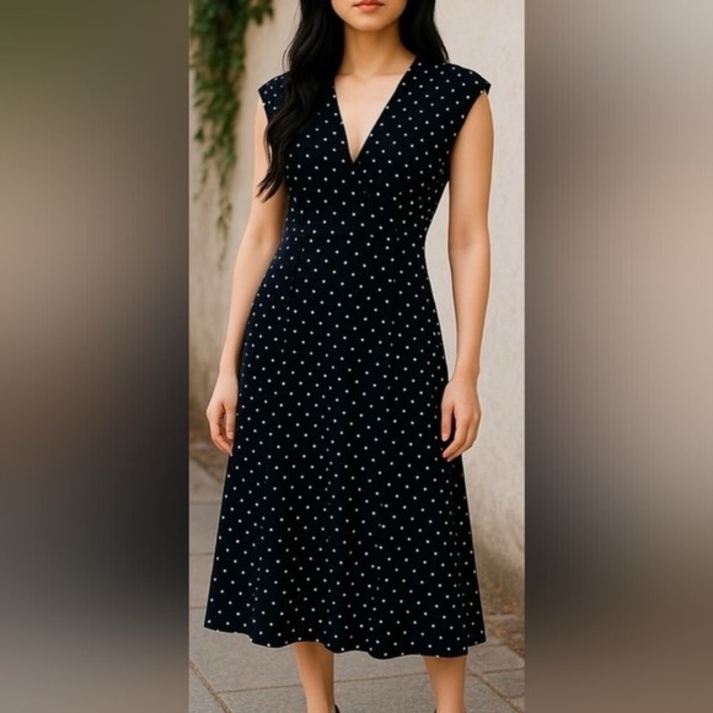 Norma Kamali Polka Dot Midi‎ Dress Black White V Neck A Line Size M
